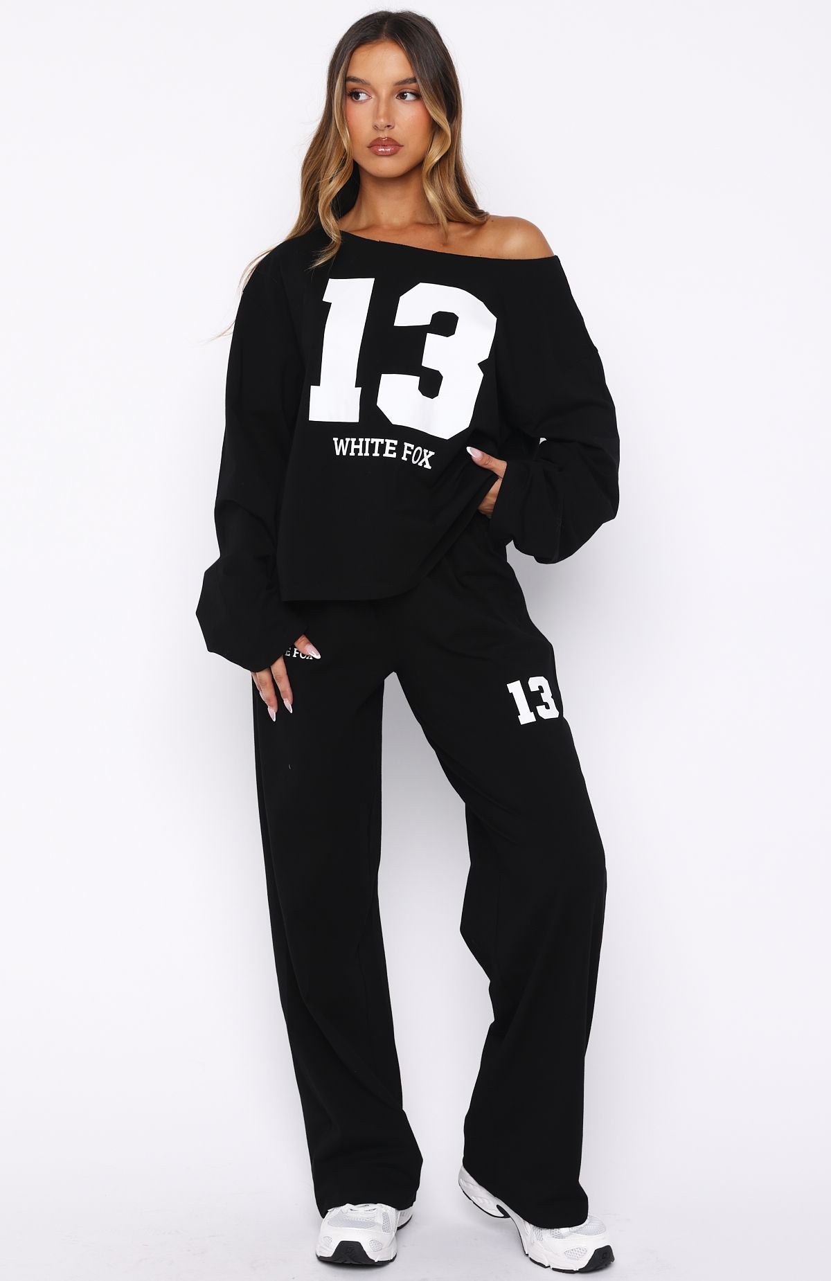 Only One Left Off Shoulder Oversized Long Sleeve Tee Black