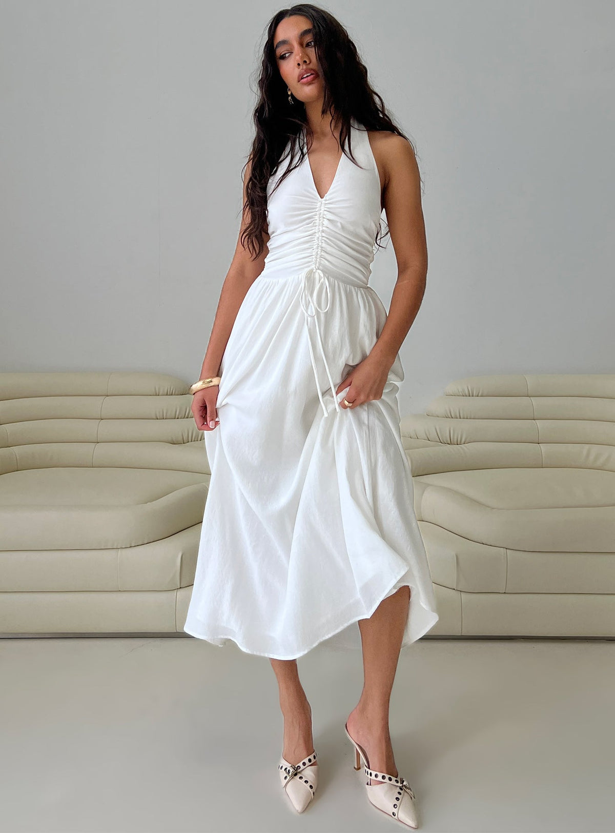 Jozefine Halter Ruched Maxi Dress White