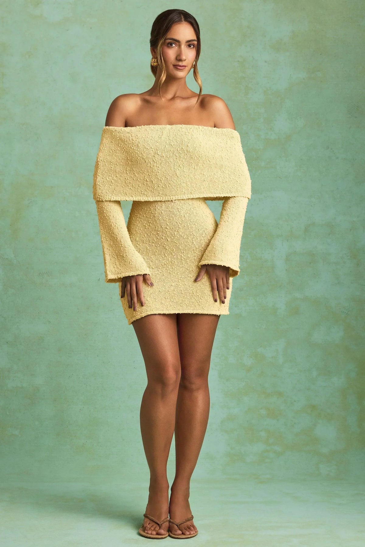 Bouclé Off-Shoulder Mini Dress in Yellow