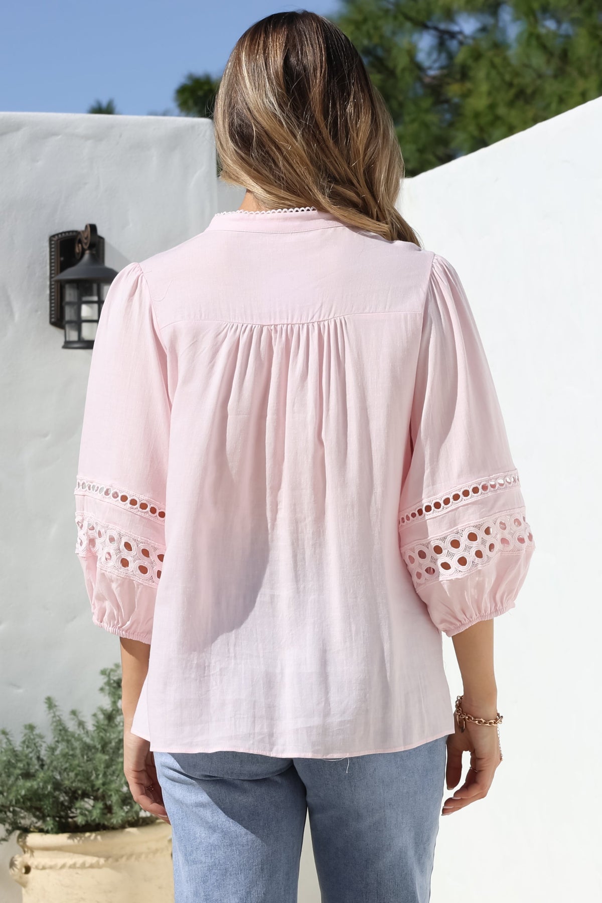 Alyce Shirt - Mandarin Collar Cut Out Detailed Sleeve Button Down in Pink