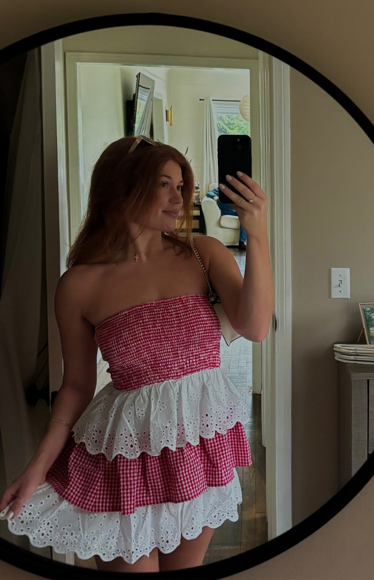 Rosealie Red And White Strapless Mini Dress