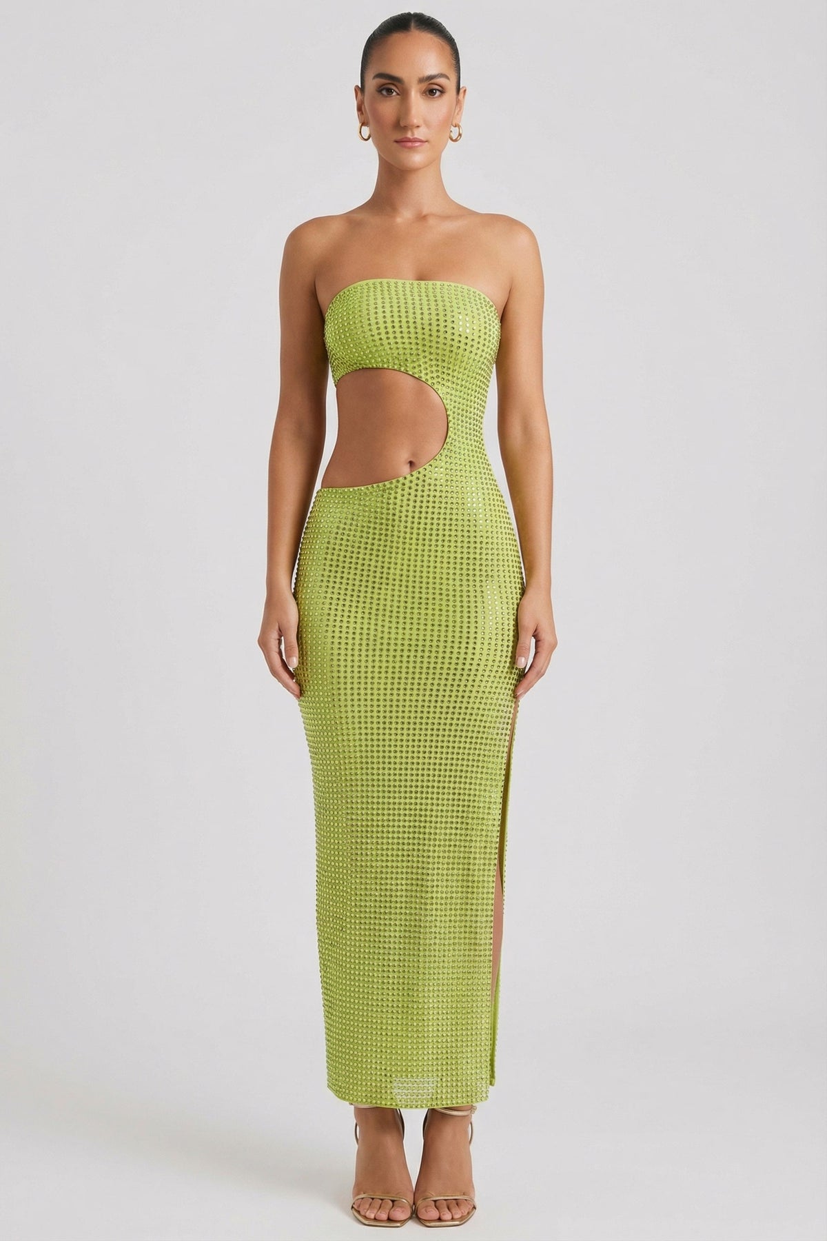 Embellished Cut-Out Bandeau Maxi Dress in Pear Green