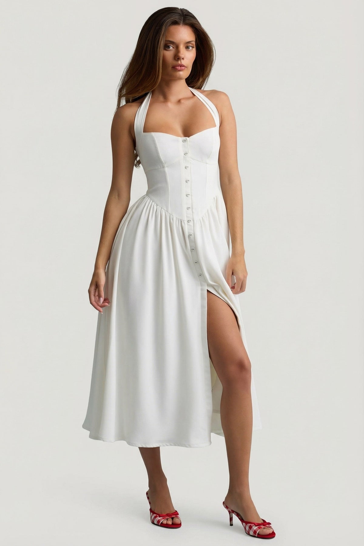 Button-Detail Halterneck Midaxi Dress in White