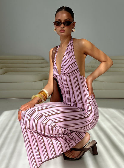 Avrie Halter Maxi Dress Pink / Brown Stripe