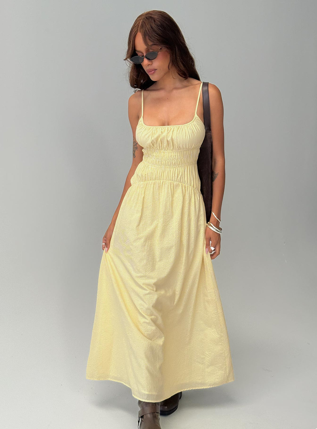 Magnolie Shirred Maxi Dress Yellow Stripe