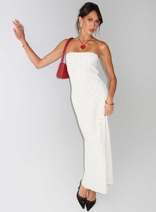 Just For Fun Strapless Maxi Dress White Polka Dot