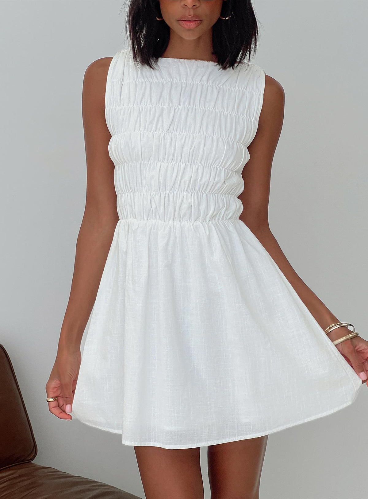 Melona Shirred Mini Dress White