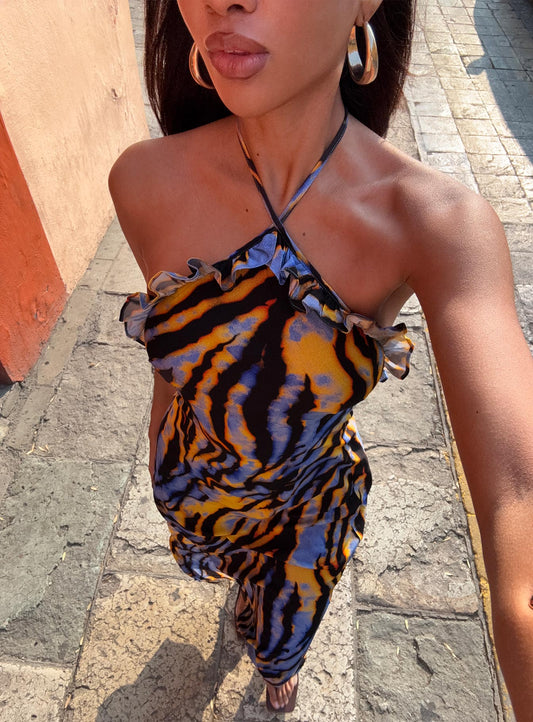 Virginia Beach Backless Maxi Dress Blue Zebra