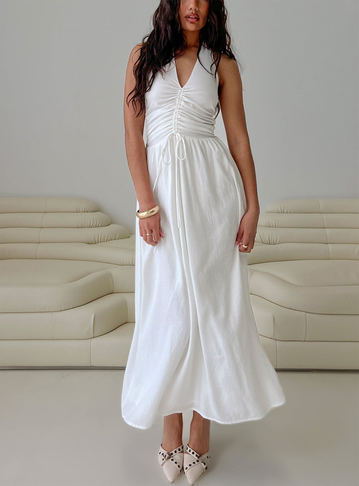 Jozefine Halter Ruched Maxi Dress White