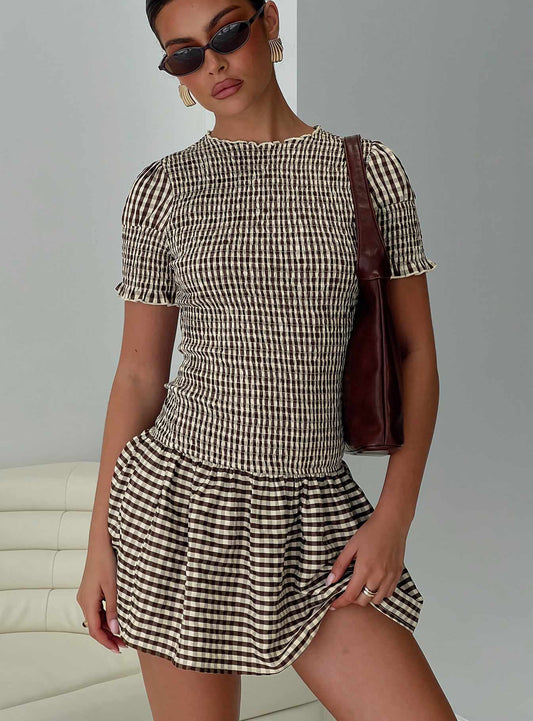 Laurita Shirred Mini Dress Brown Check Tall