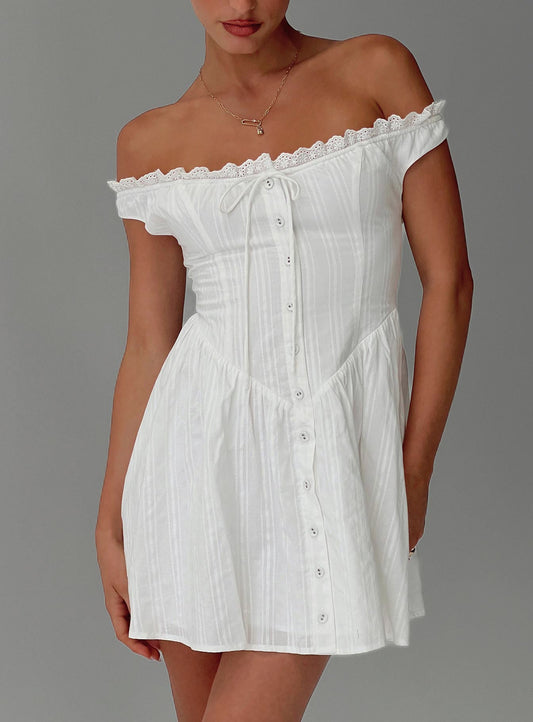 White Horse Off The Shoulder Mini Dress White