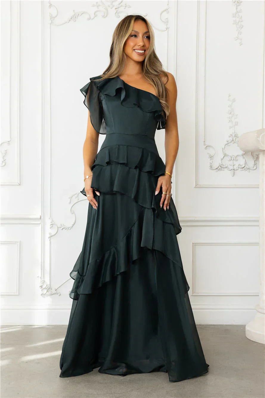 Autumn's Embrace One Shoulder Maxi Dress Hunter Green