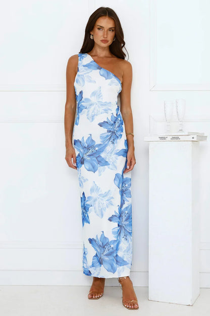 Blueberry Breeze One Shoulder Mesh Maxi Dress Blue