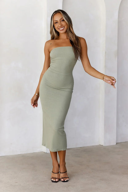 BASE The Ultimate Strapless Ribbed Midi Dress Sage