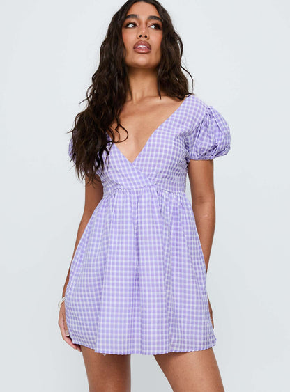 Chavelle Puff Sleeve Mini Dress Purple Check