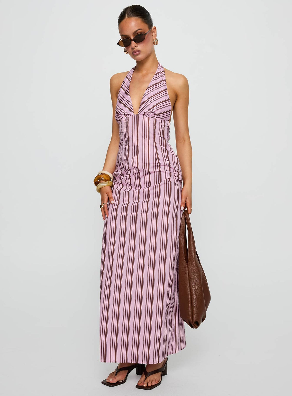 Avrie Halter Maxi Dress Pink / Brown Stripe
