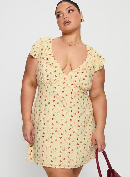 Just Me And You Frill Mini Dress Yellow Floral Curve