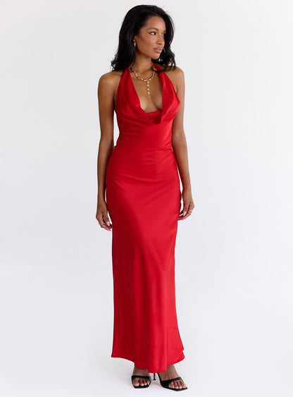 Iridescent Plunge Maxi Dress Red