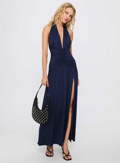 Diona Halter Ruched Maxi Dress Navy