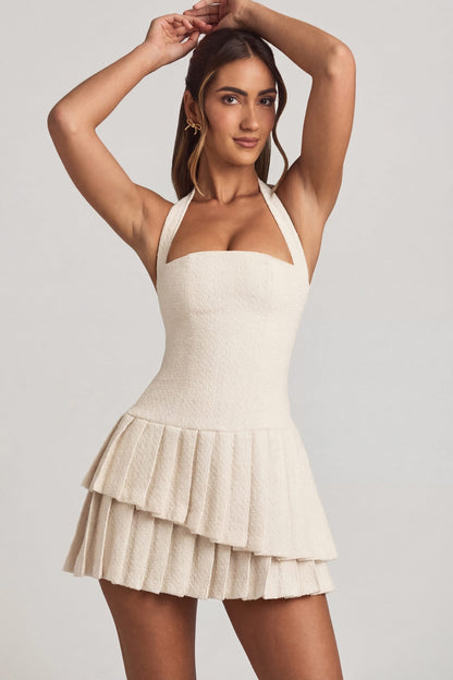 Asymmetric Layered Halterneck Mini Dress in Ivory