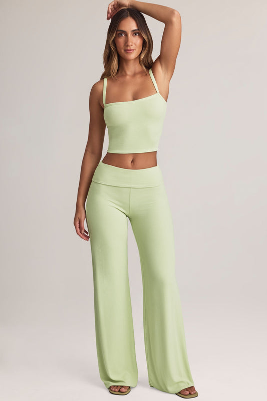 Modal Foldover Wide-Leg Trousers in Sage Green