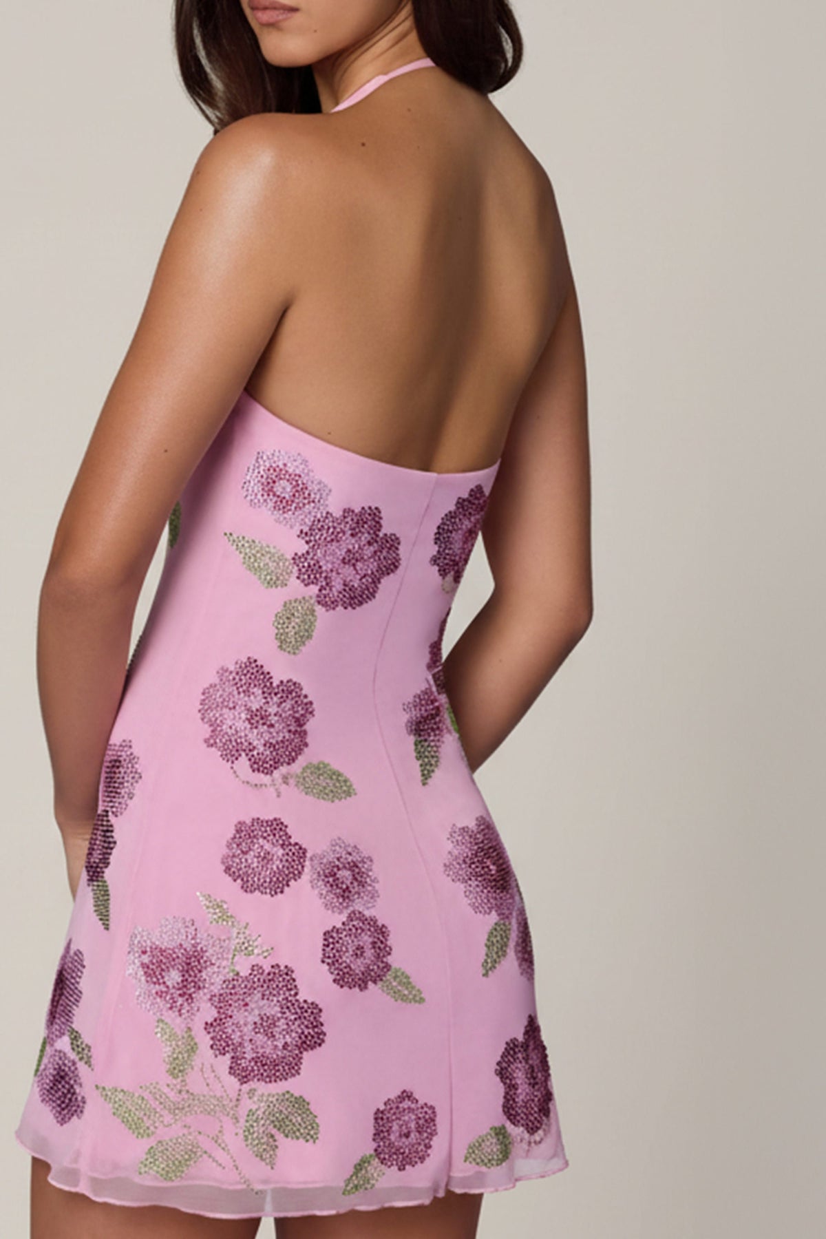 Embellished Halterneck Mini Dress in Soft Pink