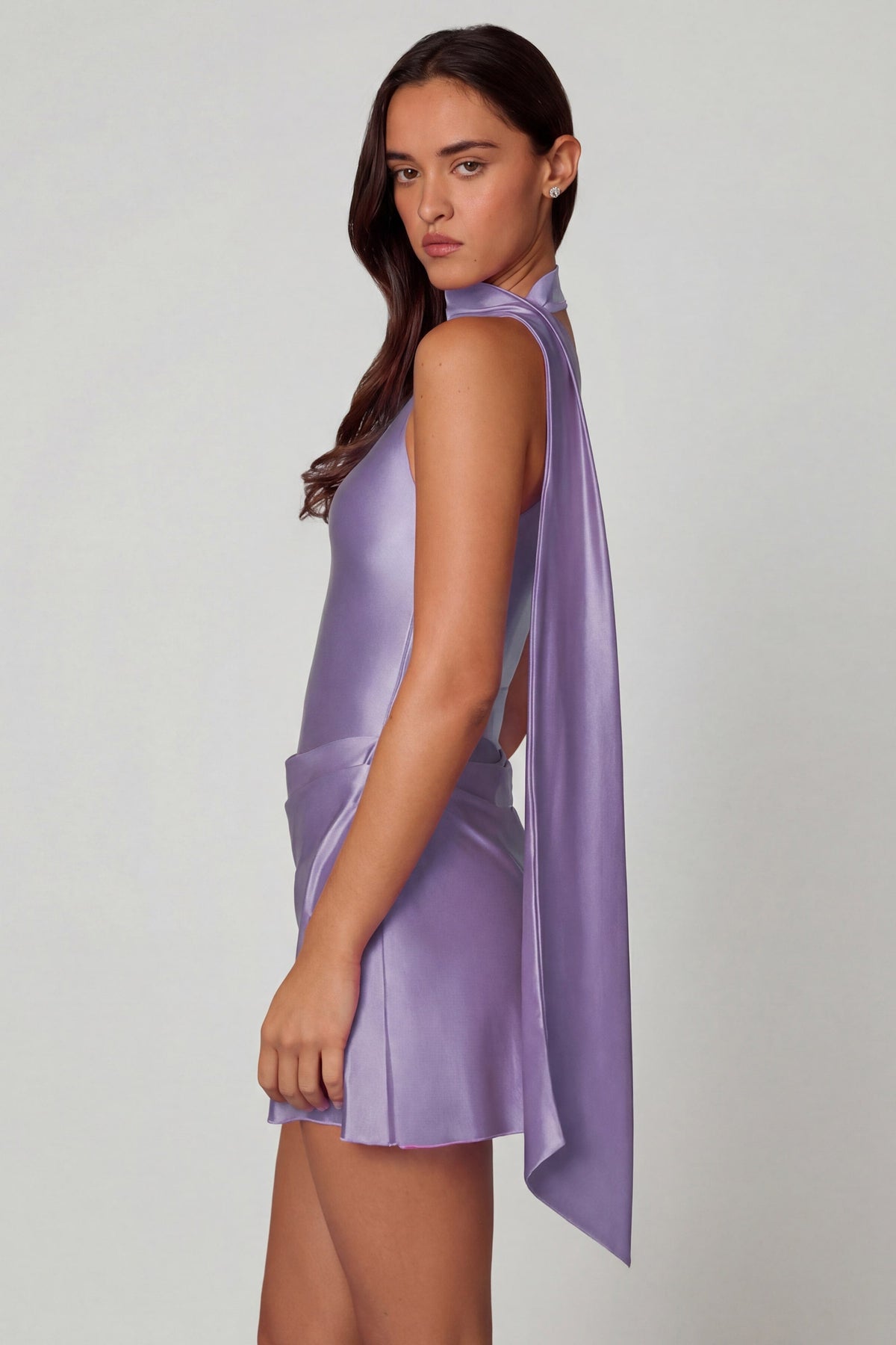 Asymmetric Scarf-Detail Mini Dress in Lilac