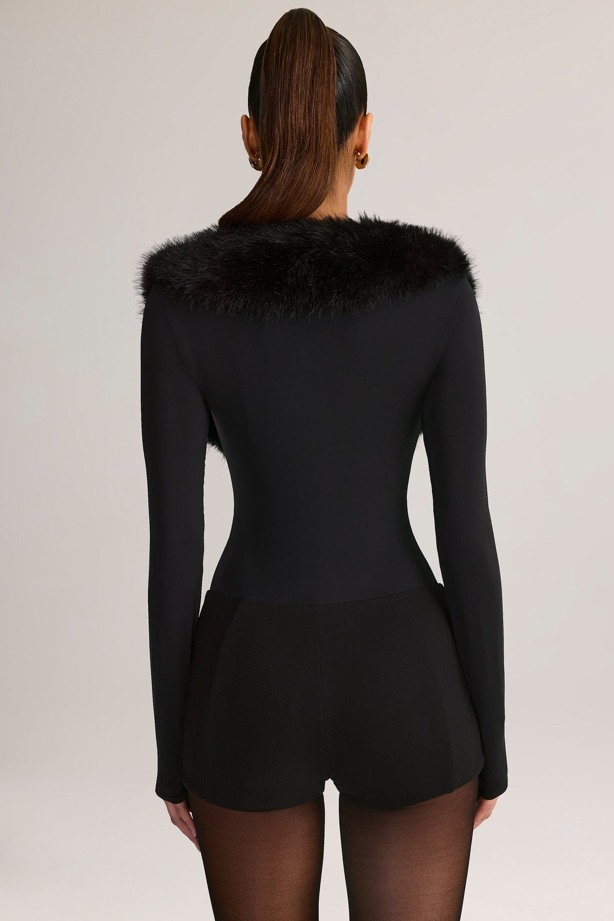 Faux Fur-Trim Corset Playsuit in Black