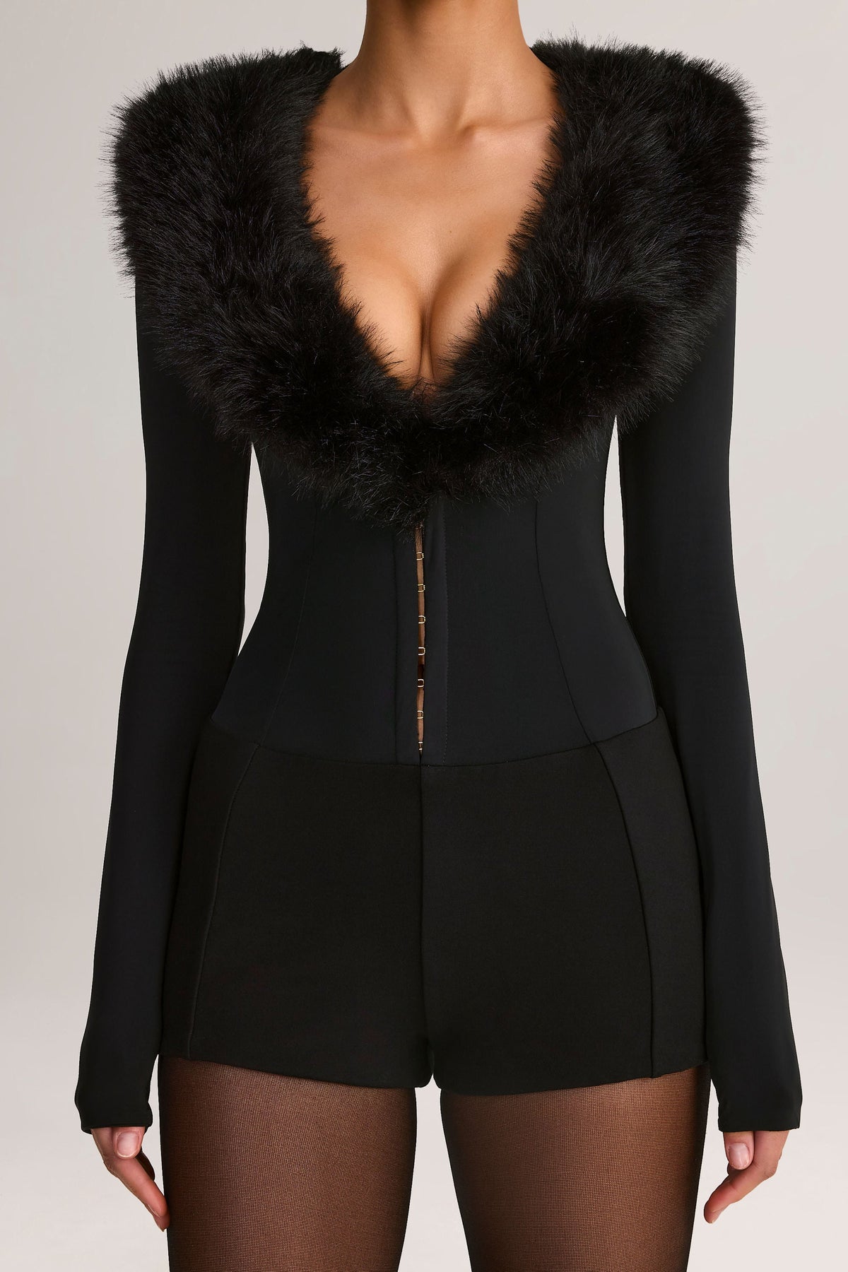 Faux Fur-Trim Corset Playsuit in Black