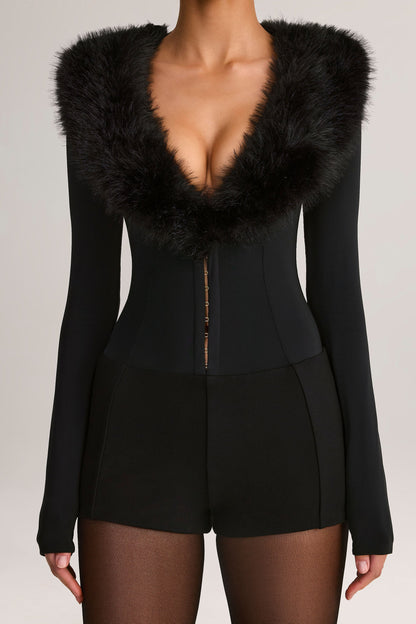 Faux Fur-Trim Corset Playsuit in Black