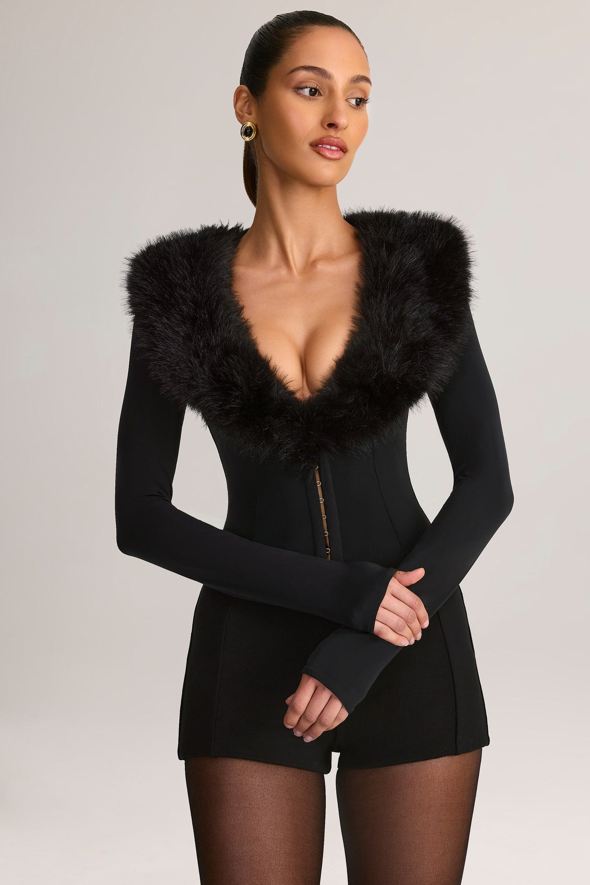 Faux Fur-Trim Corset Playsuit in Black
