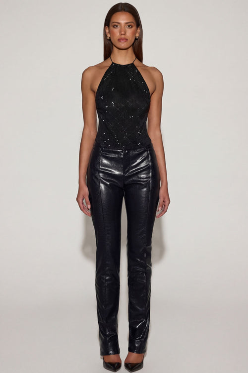 Faux Croc-Leather Straight-Leg Trousers in Black