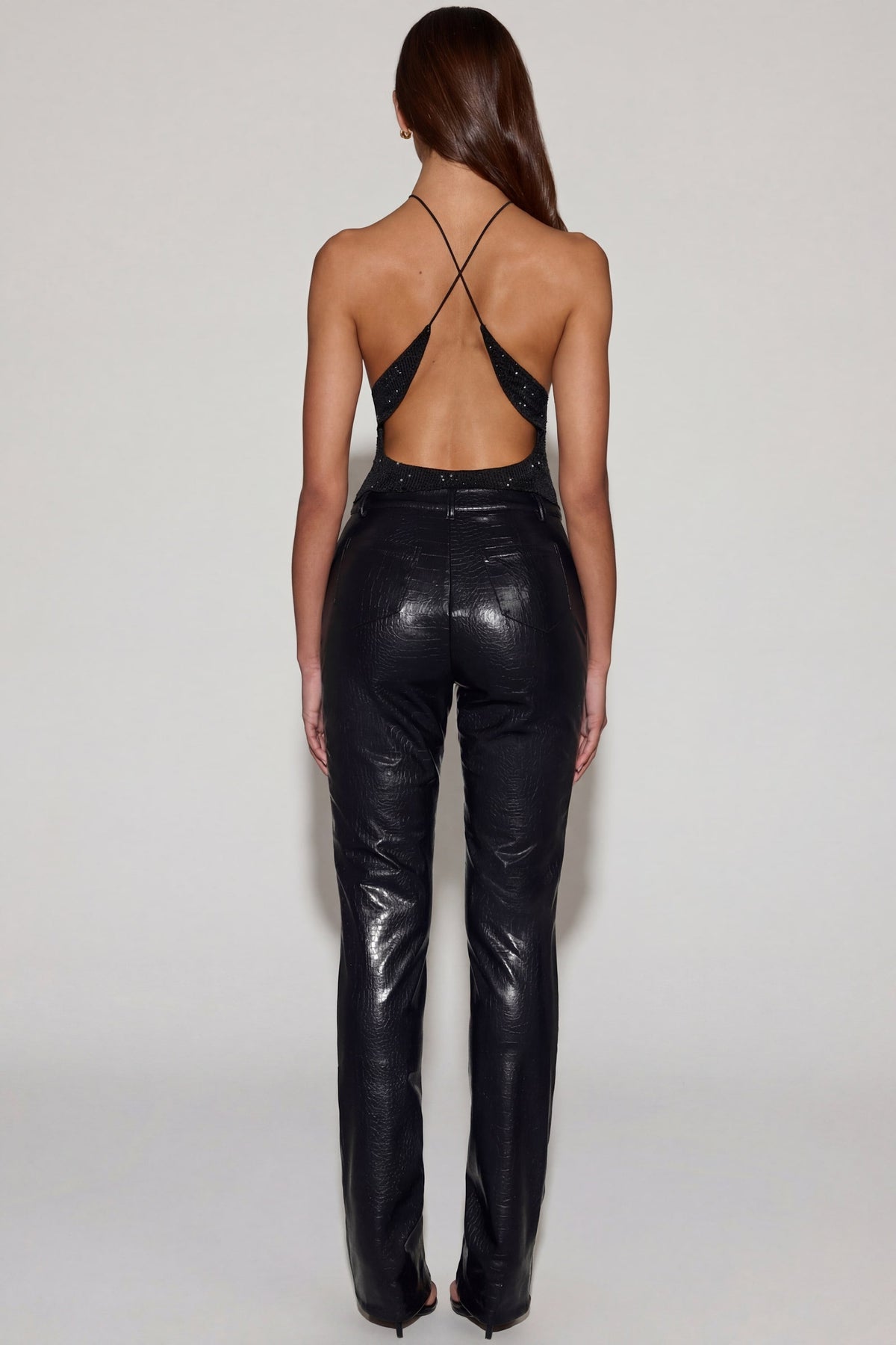 Faux Croc-Leather Straight-Leg Trousers in Black