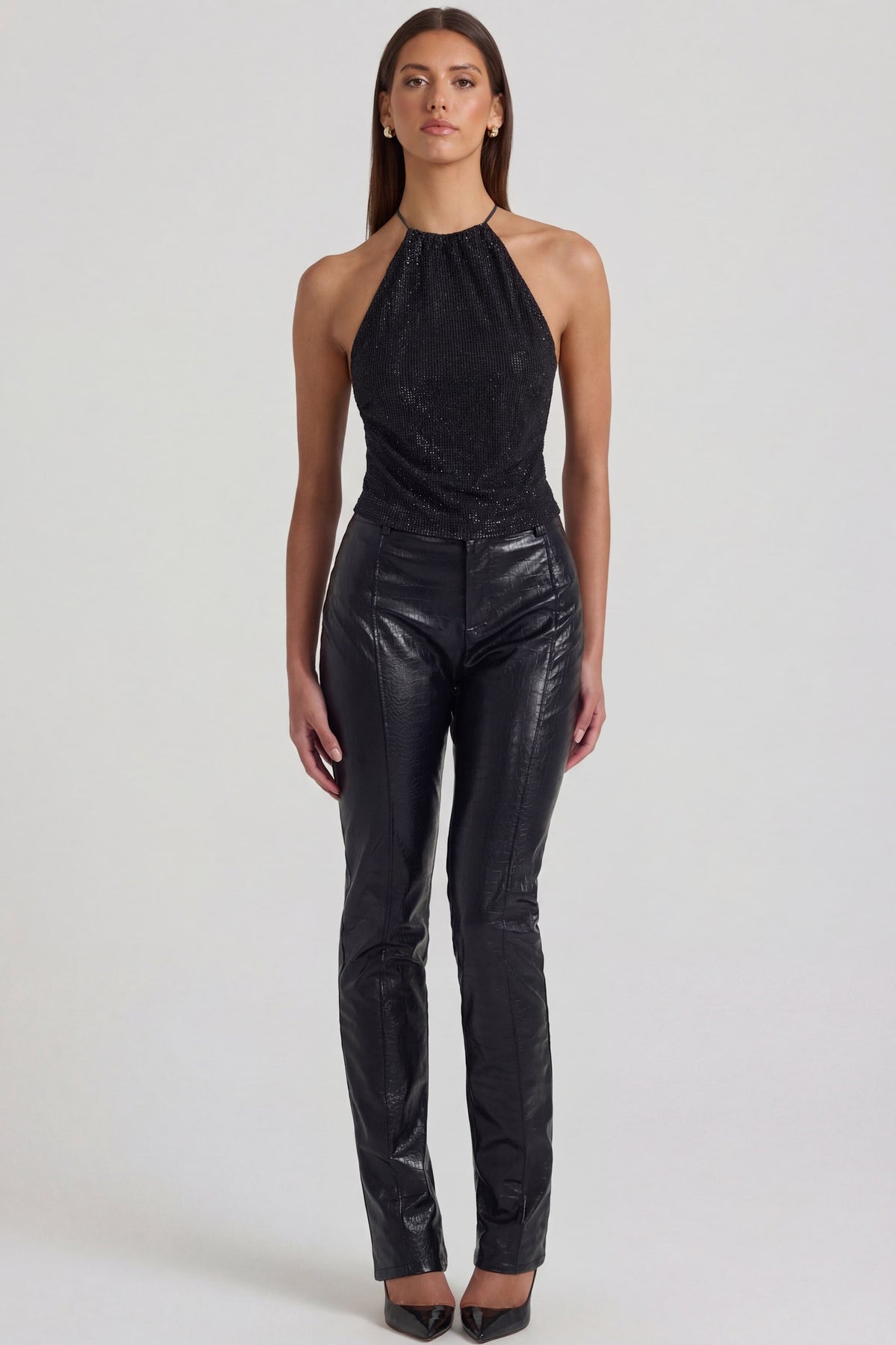 Faux Croc-Leather Straight-Leg Trousers in Black