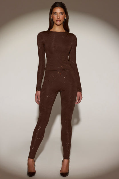 Embellished Crew-Neck Long-Sleeve Top in Chocolate Brown