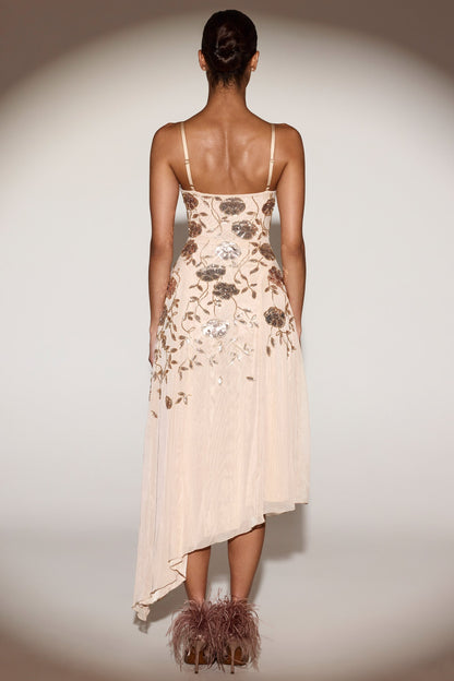 Embellished Soft-Scoop Asymmetric Midaxi Dress in Gold