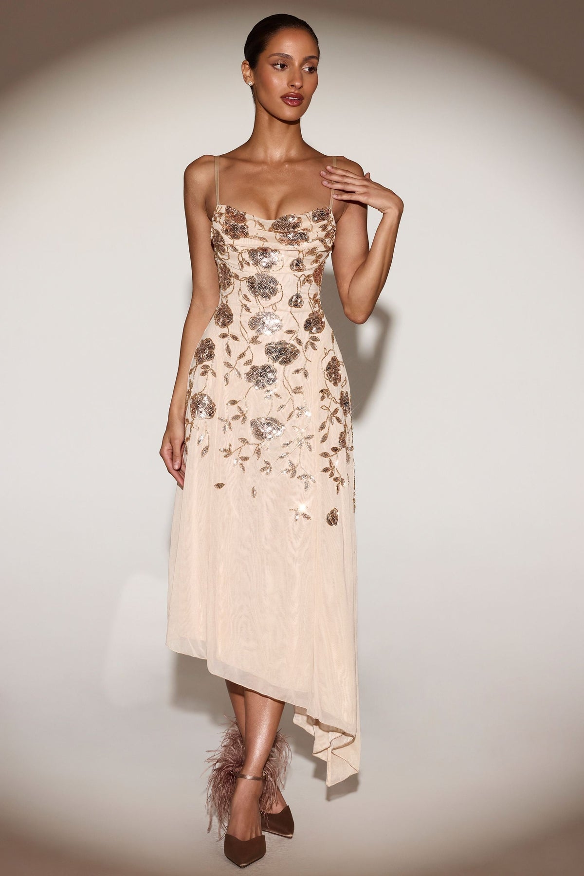 Embellished Soft-Scoop Asymmetric Midaxi Dress in Gold