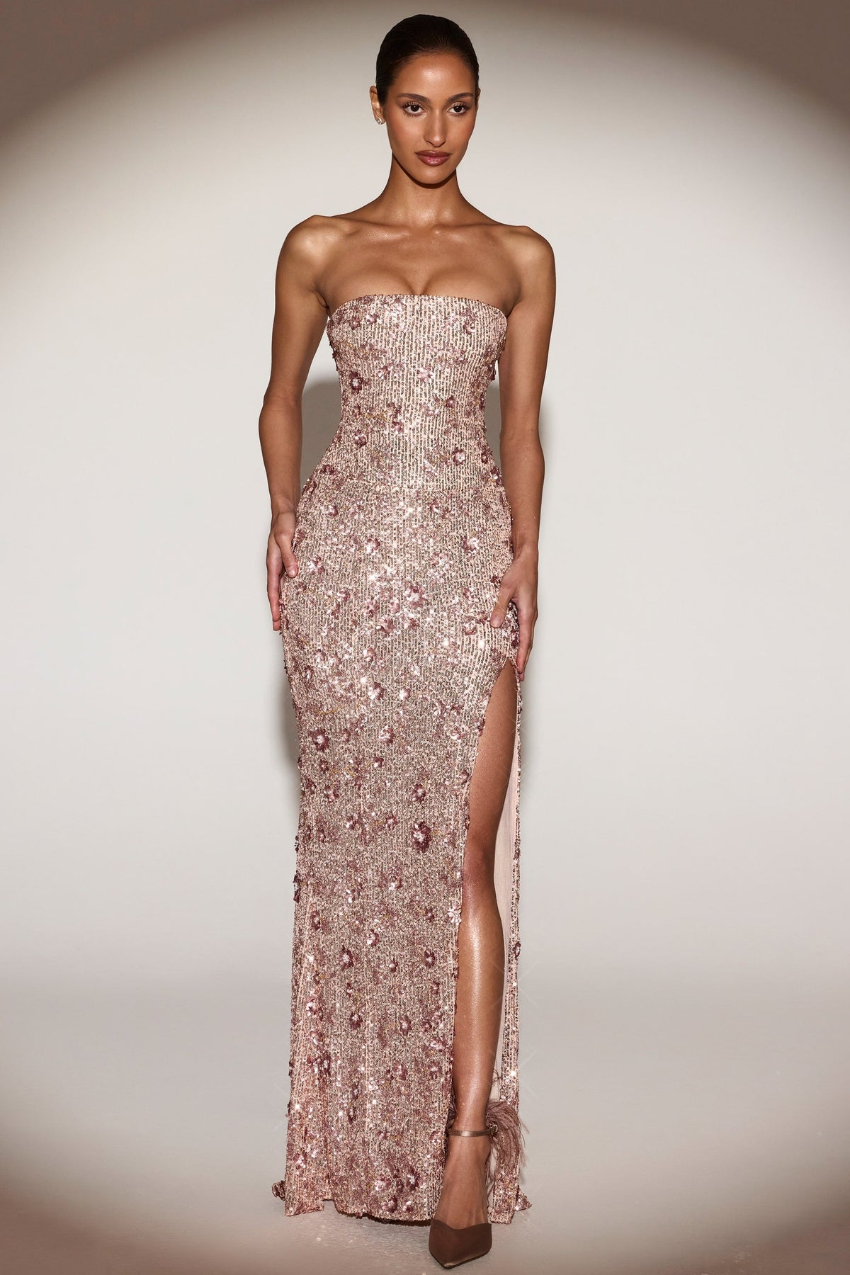Embellished Bandeau-Neck Strapless Gown in Rose Gold