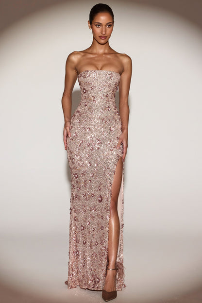 Embellished Bandeau-Neck Strapless Gown in Rose Gold