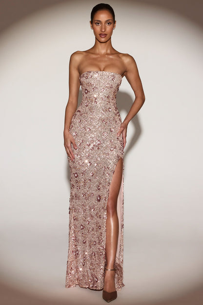 Embellished Bandeau-Neck Strapless Gown in Rose Gold