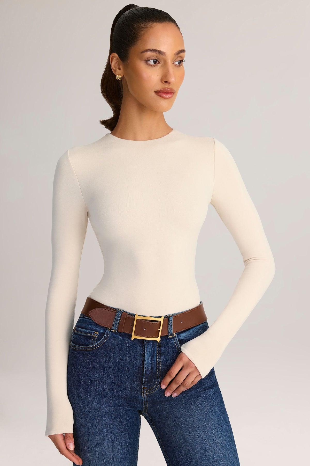 Modal Round-Neck Long-Sleeve Bodysuit in Cream