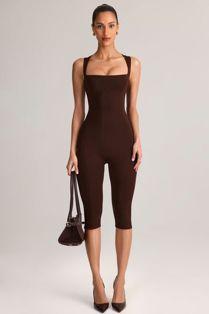 Modal Square-Neck Bodycon Capri Jumpsuit in Chocolate Brown