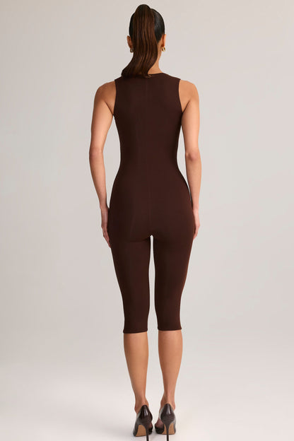 Modal Square-Neck Bodycon Capri Jumpsuit in Chocolate Brown