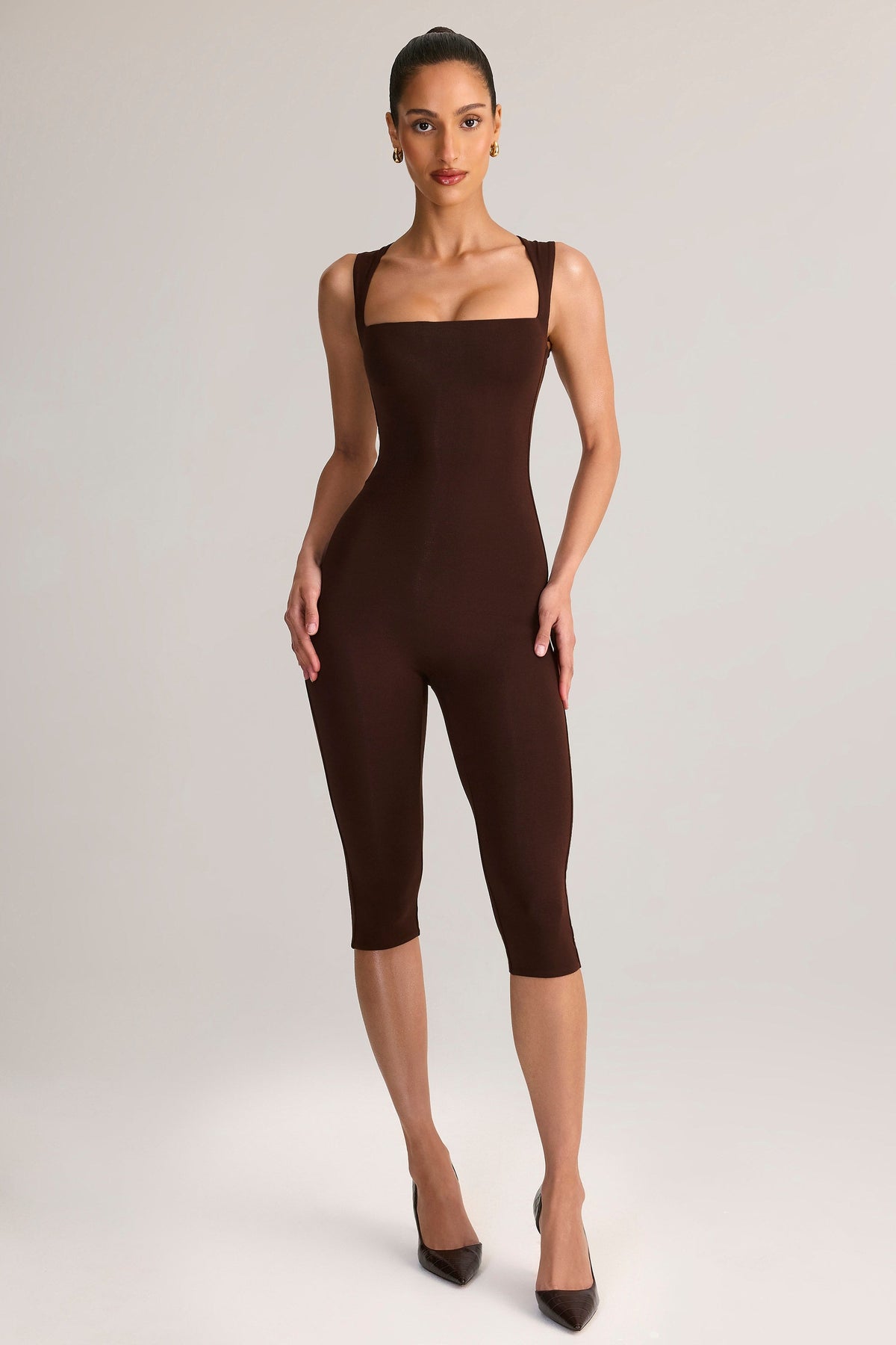 Modal Square-Neck Bodycon Capri Jumpsuit in Chocolate Brown