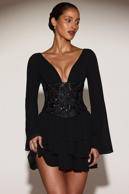 Chiffon Embellished Corset A-line Mini Dress in Black