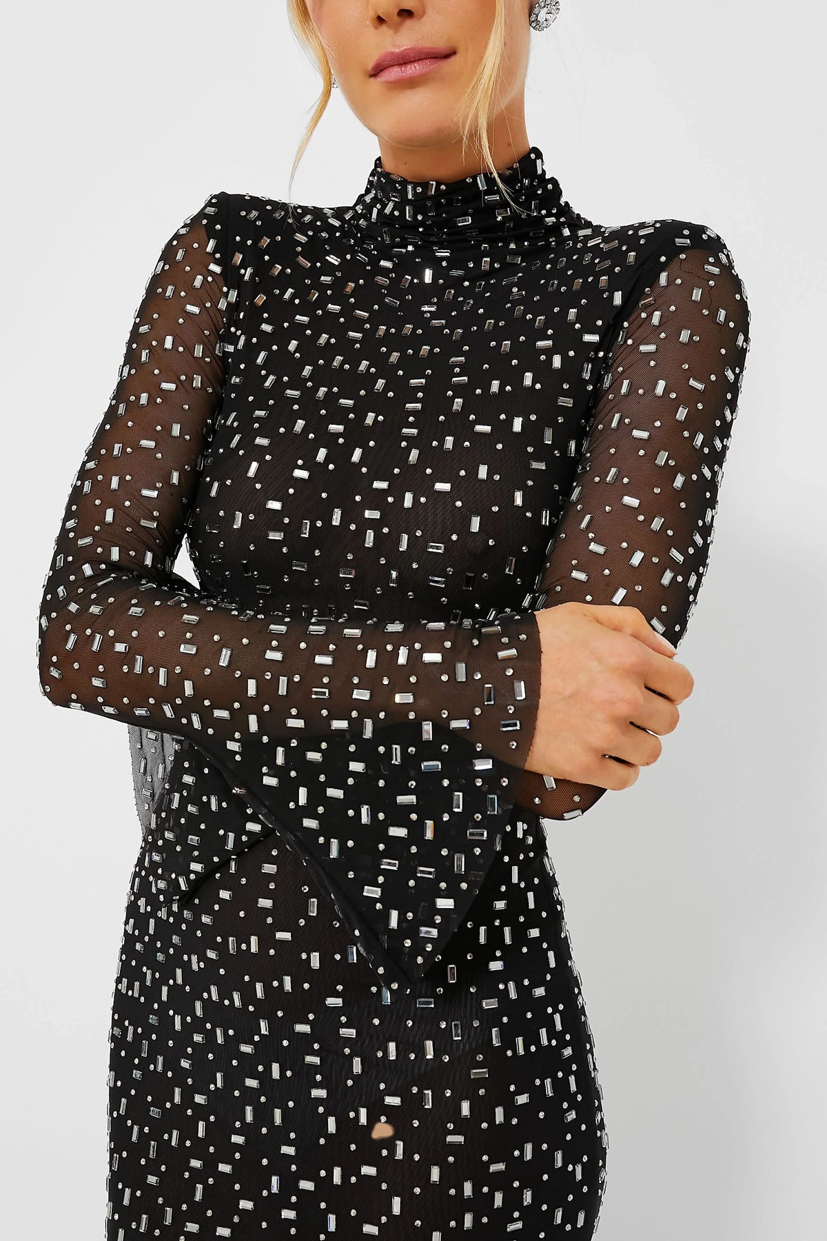 Black Square Rhinestone Mesh Midi Dress