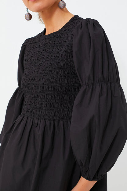 Black Cotton Poplin Mini Smock Dress