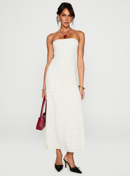 Just For Fun Strapless Maxi Dress White Polka Dot