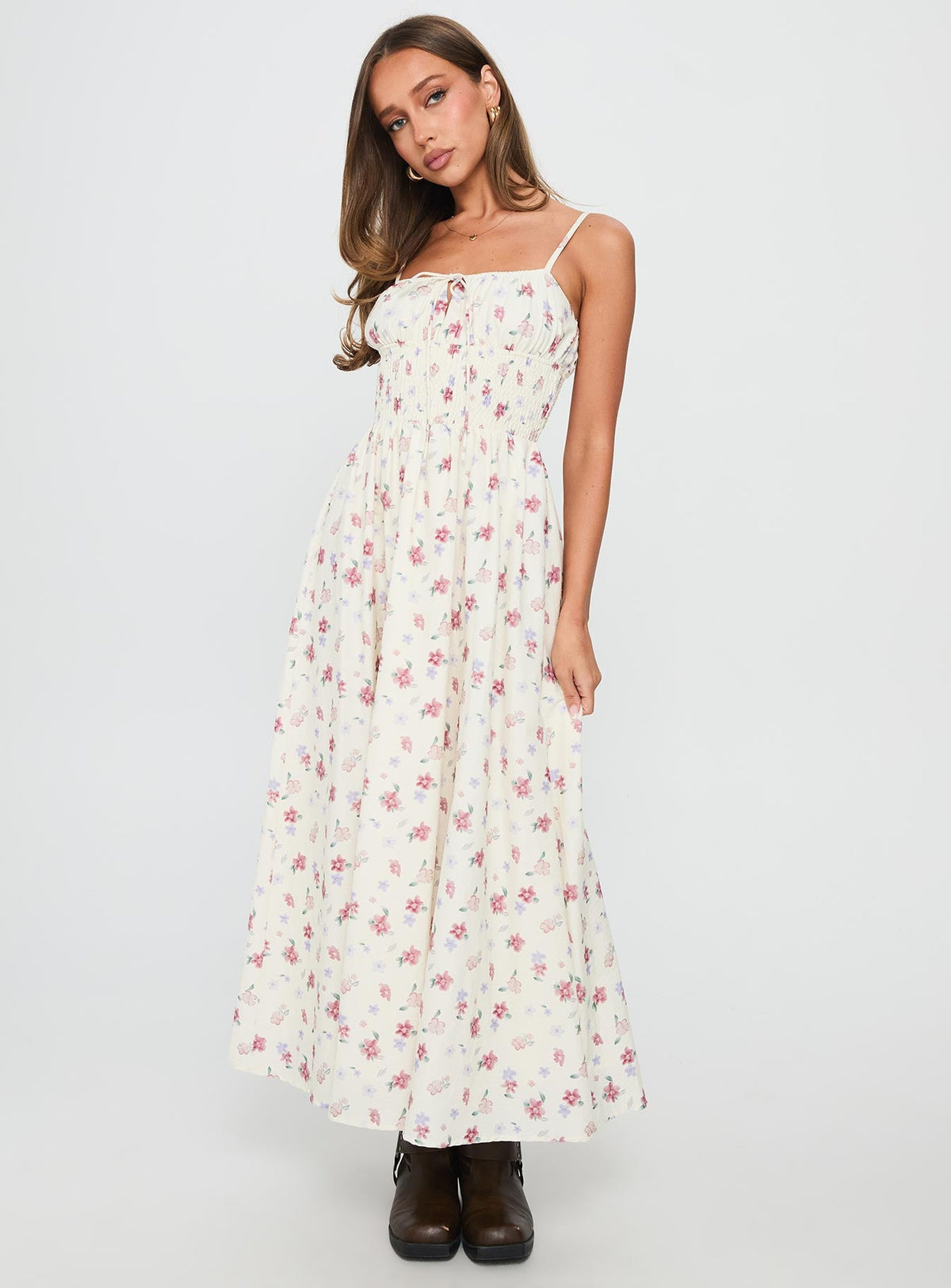 Pearle Shirred Maxi Dress White Floral
