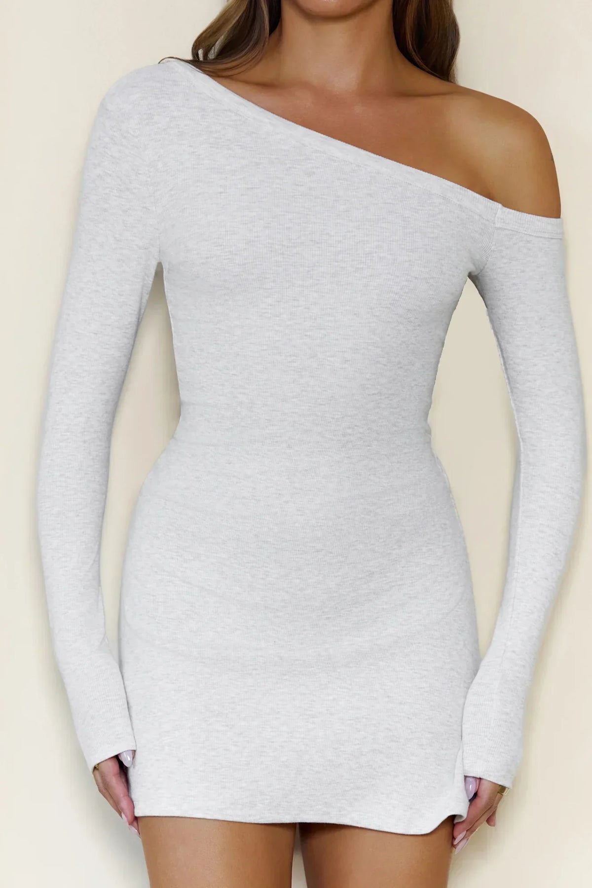 BASE Luxe Rib Off Shoulder Long Sleeve Mini Dress Grey Marle